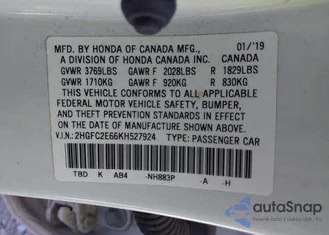 2019 Honda Civic Lx z USA, uszkodzony, nr VIN 2HGFC2E66KH527924